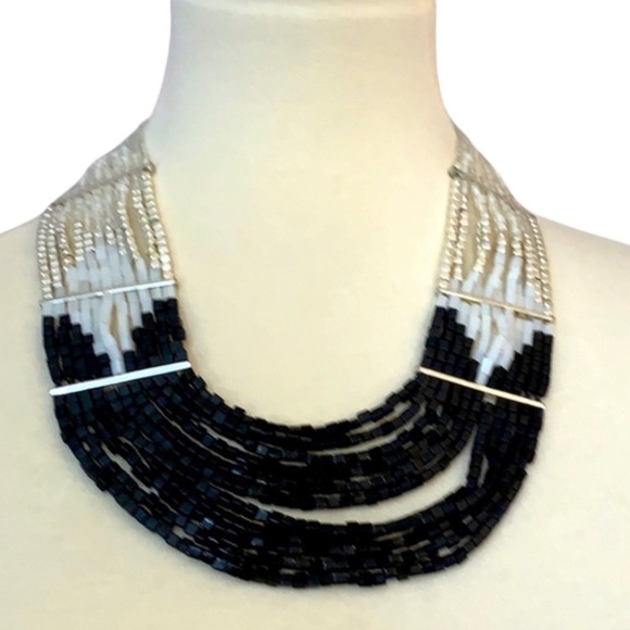 Chico’s Black/white/silver beaded bib necklace, classic, minimalist - Picture 1 of 4